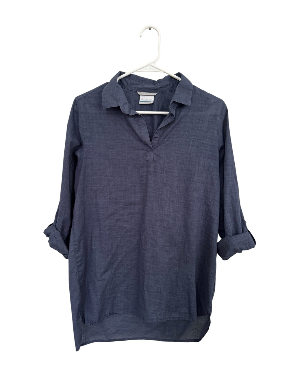 Columbia Blue Roll Tab Sleeve Linen Tunic